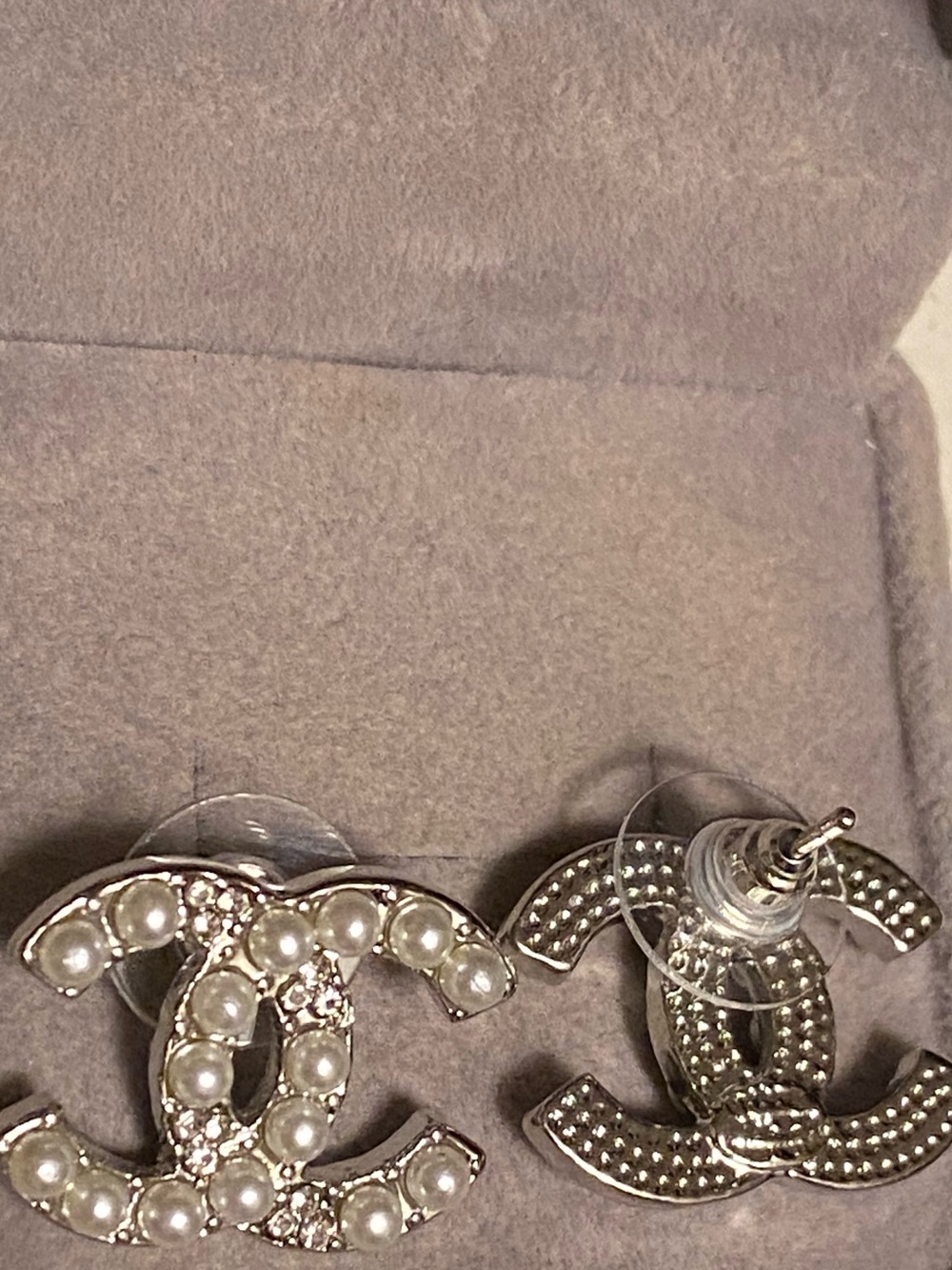 Fashion Jewelry White Pearl and Silver Crystal Double C Stud Earrings - Picture 3 of 7